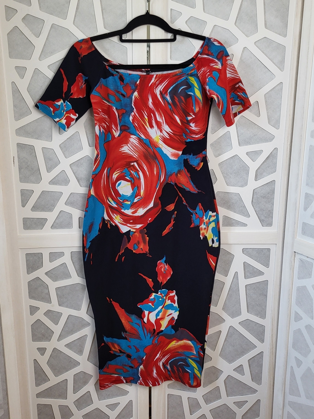 Navy Midi Dress with Red & Blue Floral Print